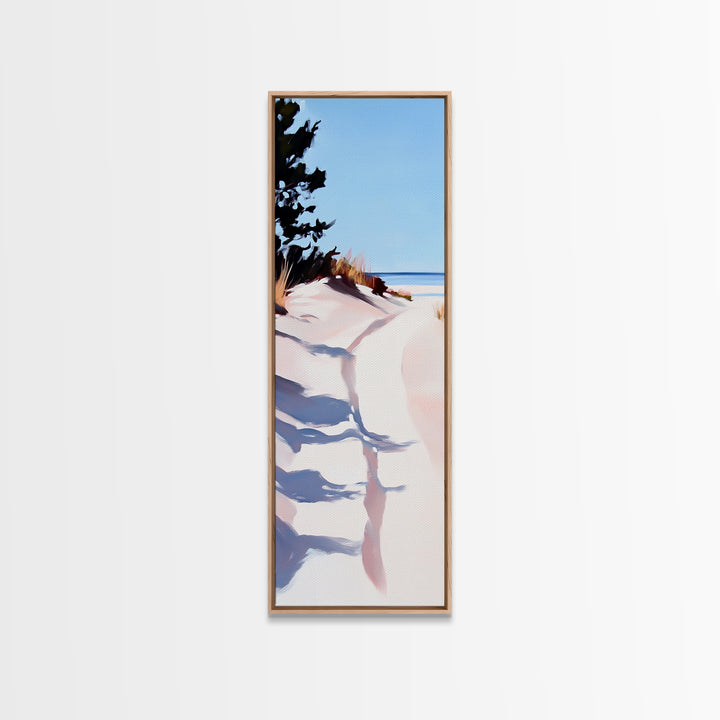Ocean Walkway, Dunes and Shadows, Coastal Serenity, Soft Light, Framed Canvas Print, Living Room Wall Art, Beach House Decor