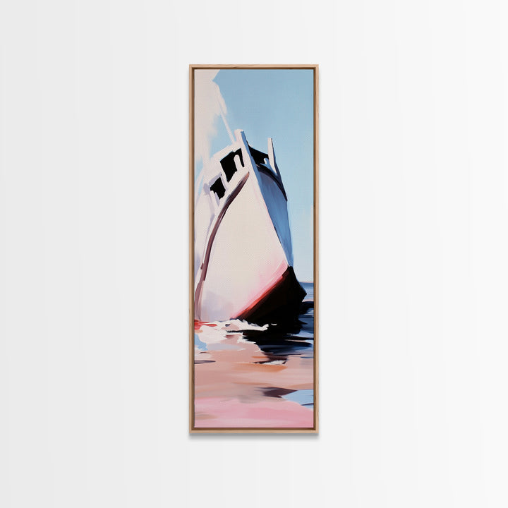 Ocean Boat, Seascape, Nautical, Modern Art, Coastal Wall Decor, Beach House, Minimalist, Blue, White, Framed Canvas Print