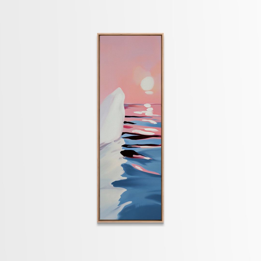 Sunset Iceberg, Arctic Landscape, Dreamy Ocean Art, Contemporary Painting, Pink Blue Decor, Bedroom Framed Canvas Print, Minimal Wall Art