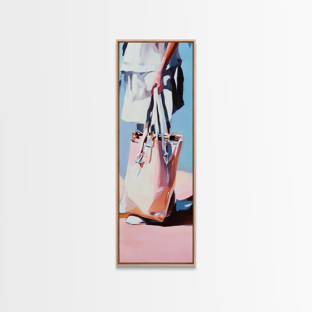 Chic Tote Bag, Fashion Illustration, Feminine Art, Pastel Minimalist Art, Modern Wall Decor, Stylish Bedroom, Framed Canvas Print