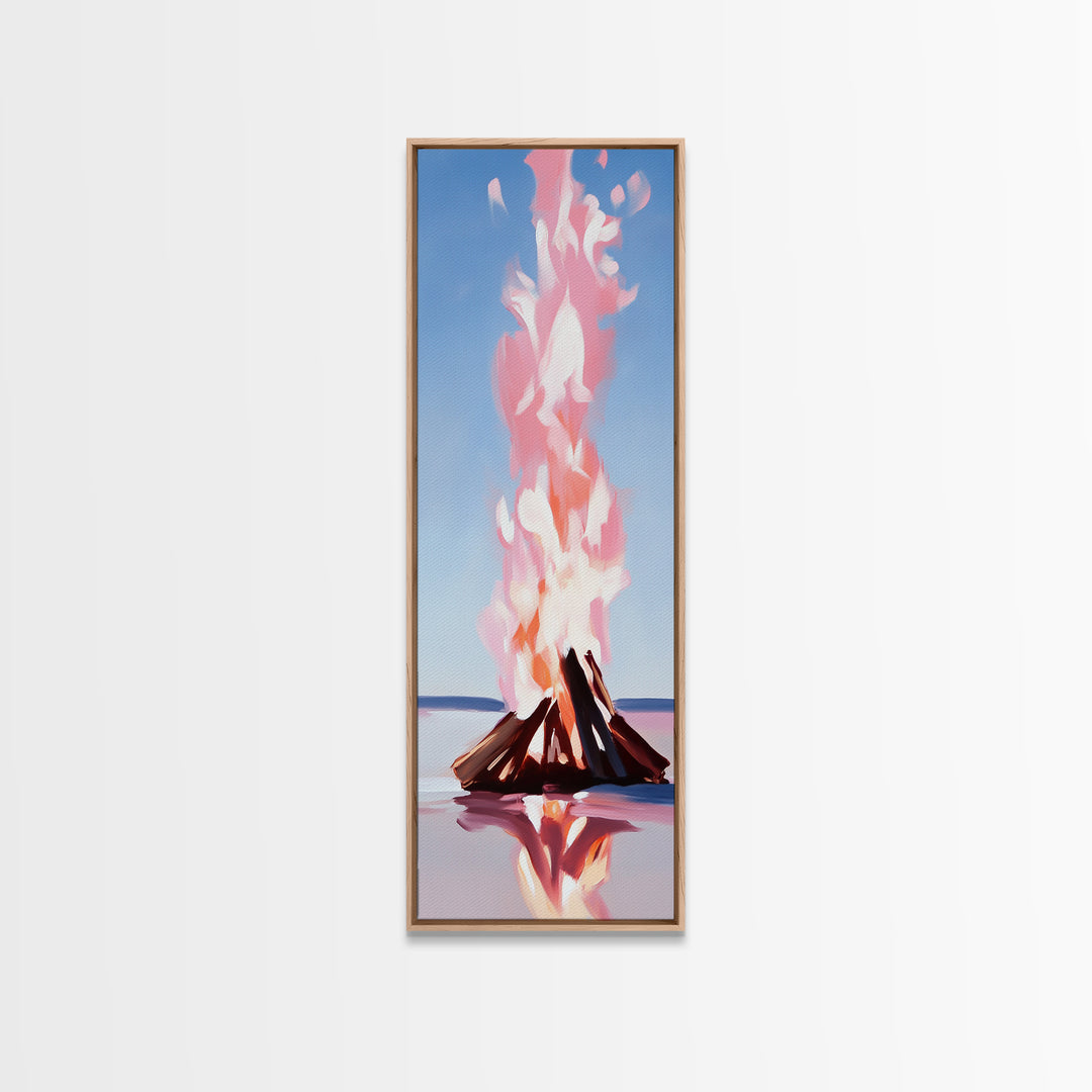 Campfire Glow, rustic cabin art, warm autumn decor, boho landscape, firelight painting, cozy home art, framed canvas print