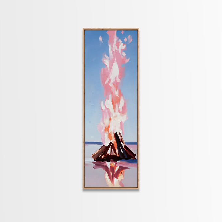 Campfire Glow, rustic cabin art, warm autumn decor, boho landscape, firelight painting, cozy home art, framed canvas print