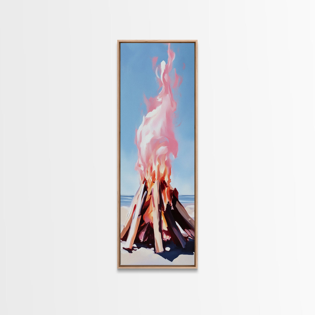 Beach Campfire, warm fall decor, rustic wilderness art, outdoor adventure painting, cozy cabin vibes, framed canvas print