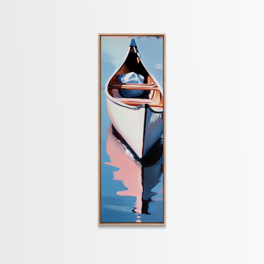 Canoe on Water, peaceful lake scene, wilderness art, adventure painting, modern minimalism, nature lover’s decor, framed canvas print