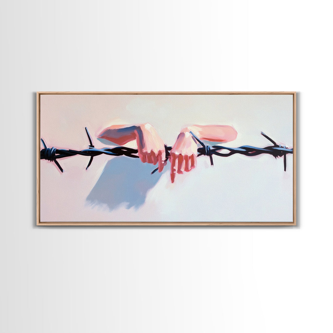 Hands on Barbed Wire, Surreal Art, Emotional Aesthetic, Modern Symbolism, Thought-Provoking Decor, Contemporary Wall Art, Canvas Print