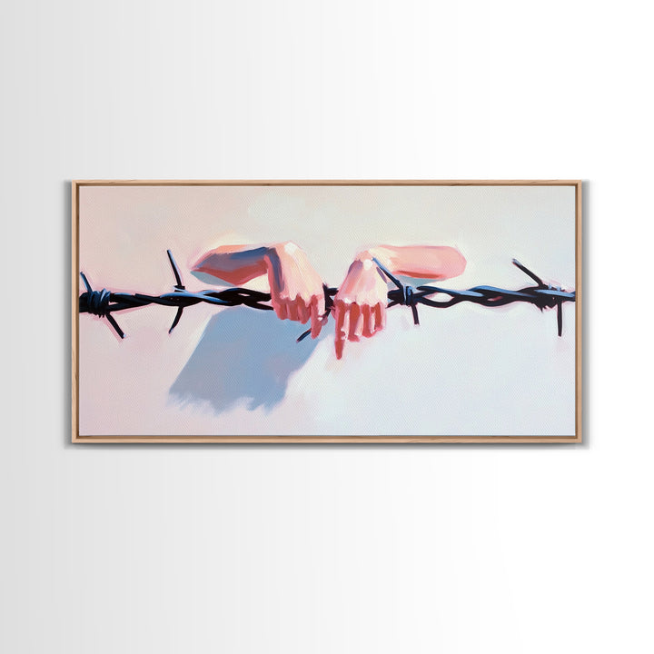 Hands on Barbed Wire, Surreal Art, Emotional Aesthetic, Modern Symbolism, Thought-Provoking Decor, Contemporary Wall Art, Canvas Print