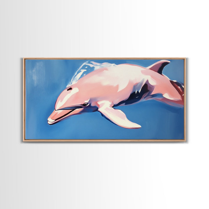 Dolphin Painting, Ocean Wall Art, Coastal Home Decor, Marine Life Artwork, Blue and Pink Art, Beach House Art, Framed Canvas Print