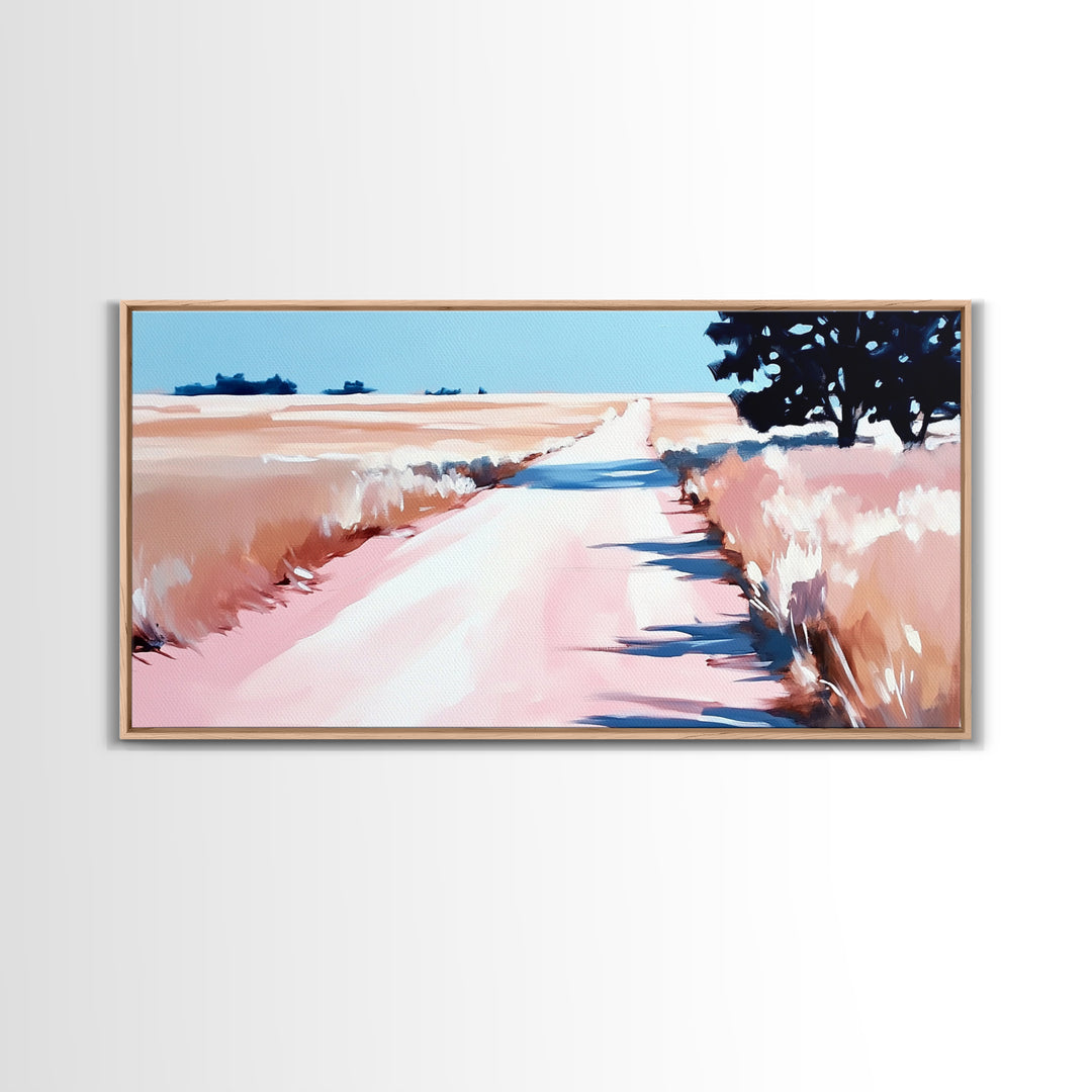 Countryside Path Art, Rustic Landscape Print, Minimalist Nature Painting, Warm Autumn Decor, Serene Scenic Artwork, Framed Canvas Print