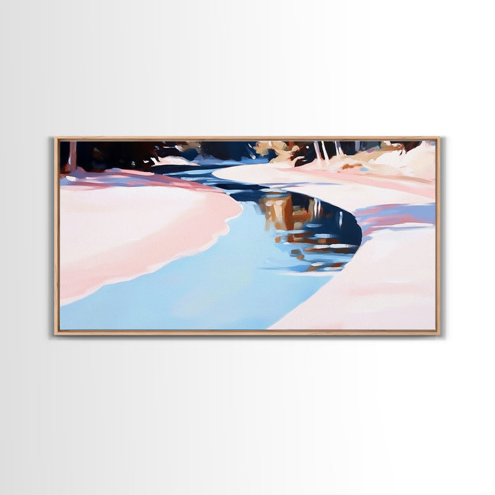 River Reflection, Serene Water Scene, Tranquil Nature Wall Art, Soft Pastel Landscape, Rustic Wilderness Decor, Framed Canvas Print