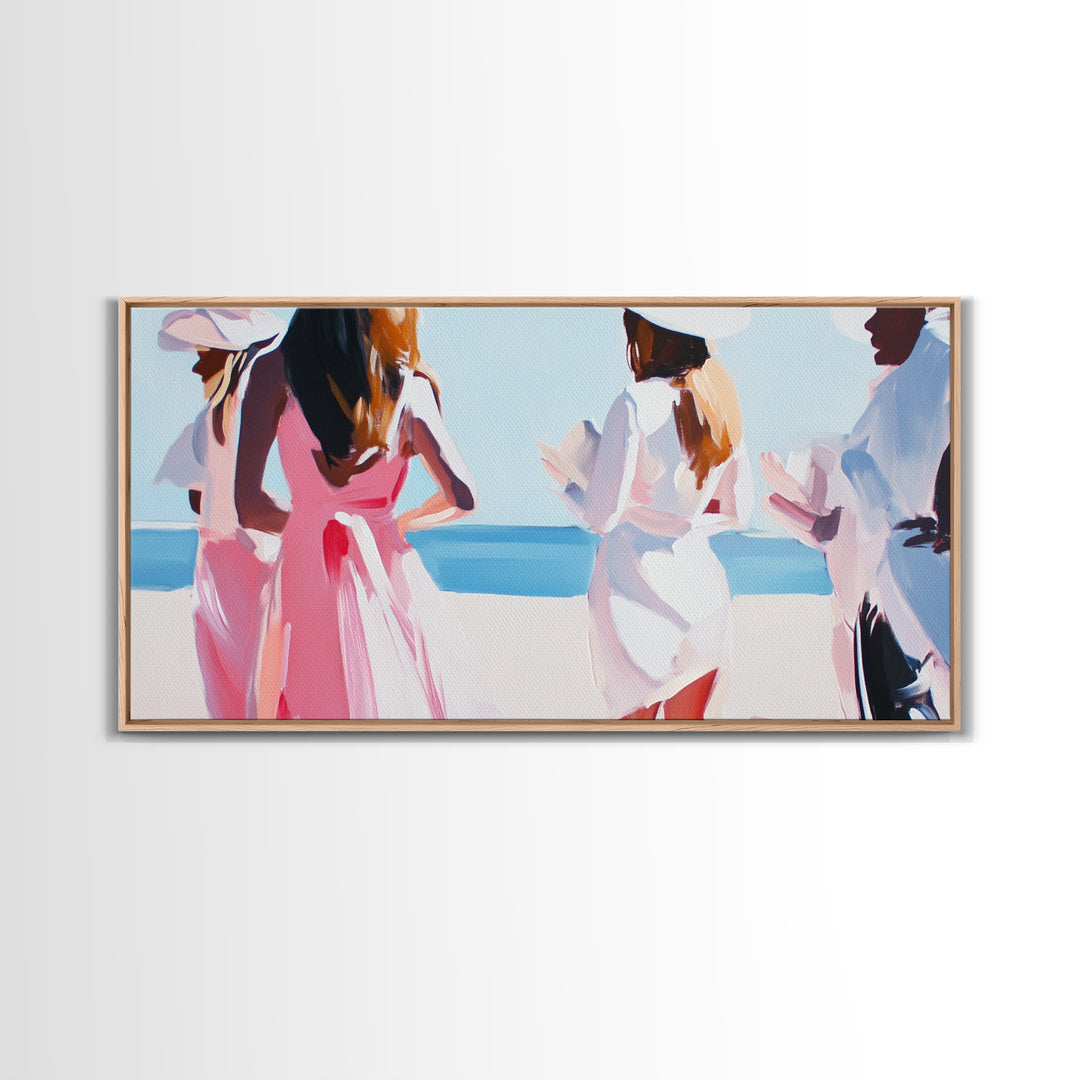 Beach Wedding Art, Elegant Women Painting, Soft Pastel Coastal Decor, Feminine Ocean Scene, Chic Minimalist Aesthetic, Canvas Print