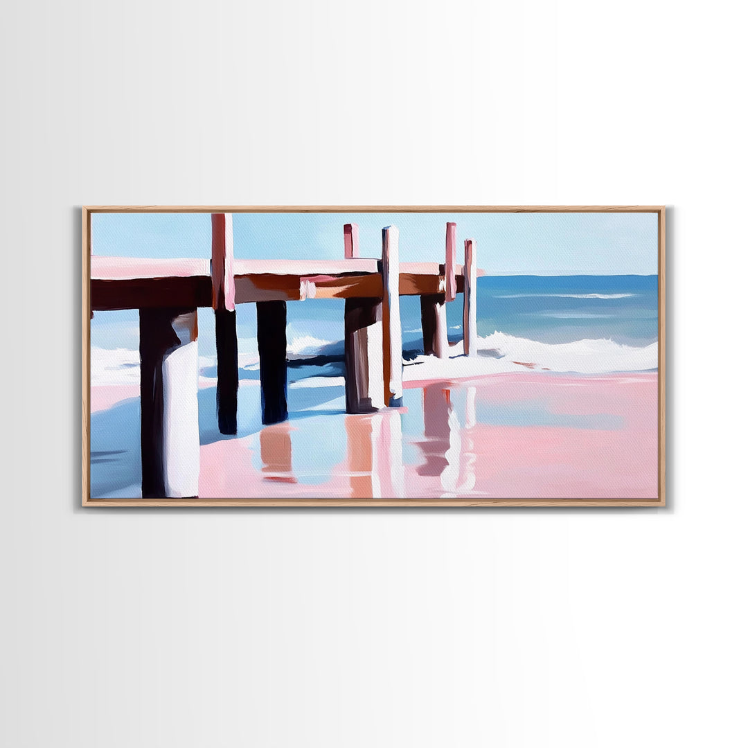 Beach Pier Painting, Coastal Ocean Scene, Nautical Seascape Art, Minimalist Modern Aesthetic, Relaxing Summer Wall Decor, Canvas Print