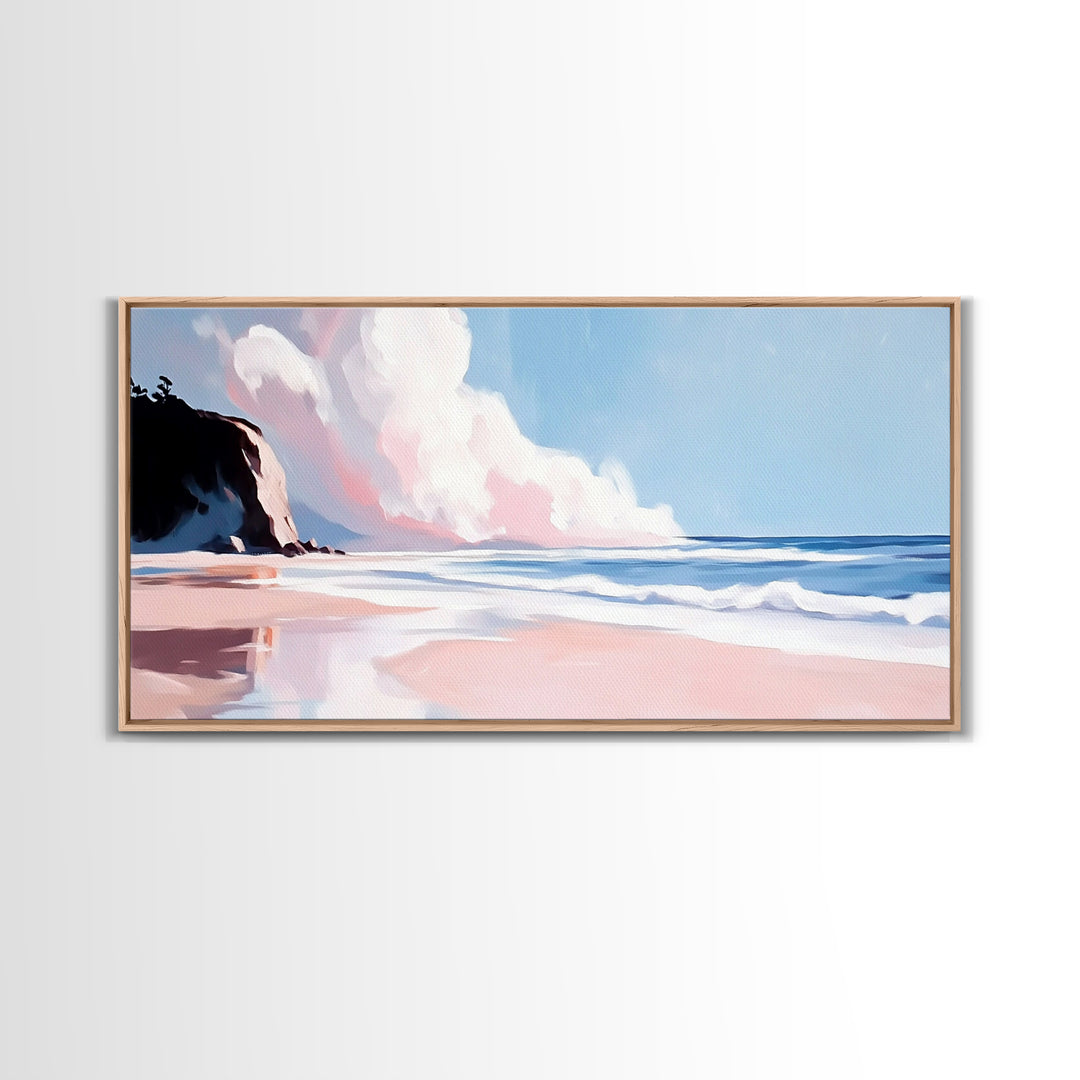 Ocean Cliff, Dreamy Coastal Landscape, Pastel Seascape Art, Framed Canvas Print, Beach House Wall Decor, Relaxing Ocean Scene