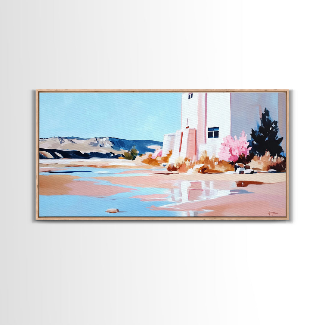 Desert Landscape, White House, Pink Trees, Canvas Print, Modern Southwest Art, Living Room Wall Art, Warm Earthy Tones, Minimalist Nature