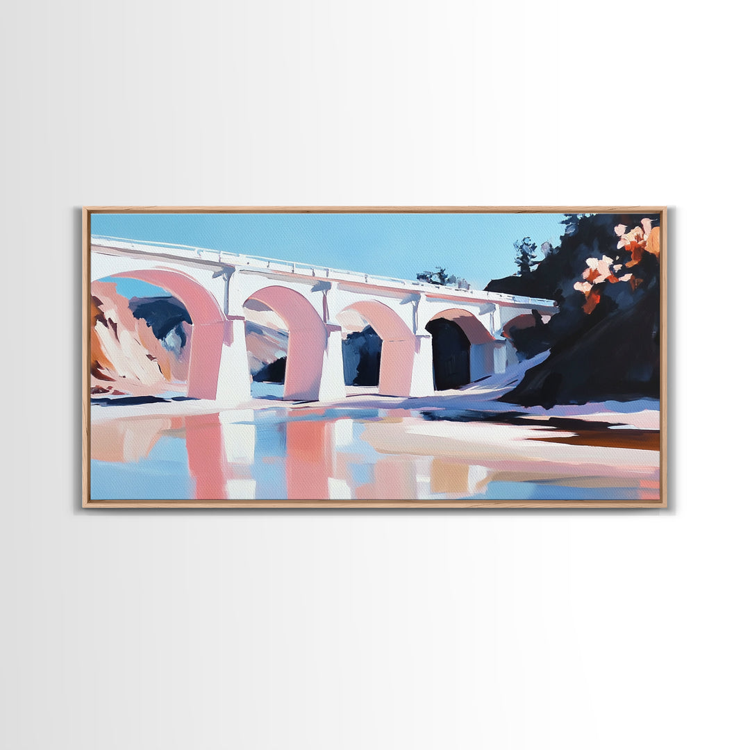 Bridge Reflection, Scenic River, Pastel Landscape, Canvas Print, Architecture Art, Living Room Wall Art, Minimalist Water Scene, Travel Art