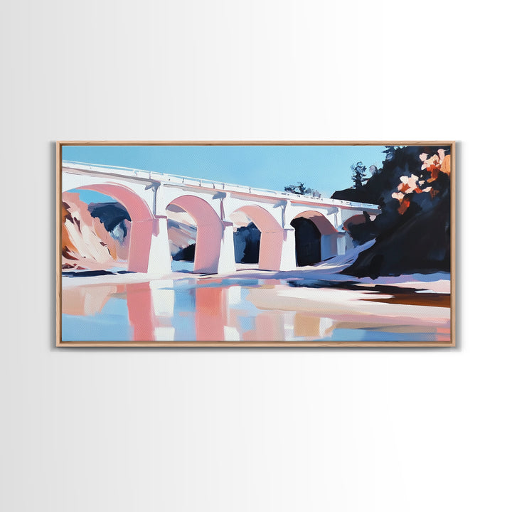 Bridge Reflection, Scenic River, Pastel Landscape, Canvas Print, Architecture Art, Living Room Wall Art, Minimalist Water Scene, Travel Art