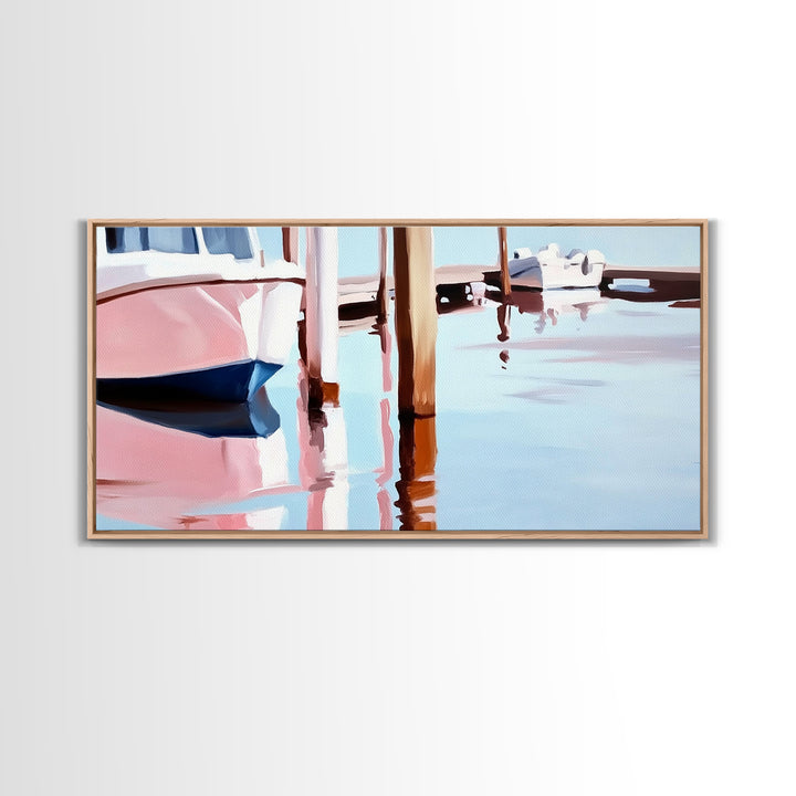 Docked Boats, Waterfront Scene, Canvas Print, Nautical Home Decor, Living Room Wall Art, Soft Pastel Aesthetic, Minimalist Seaside