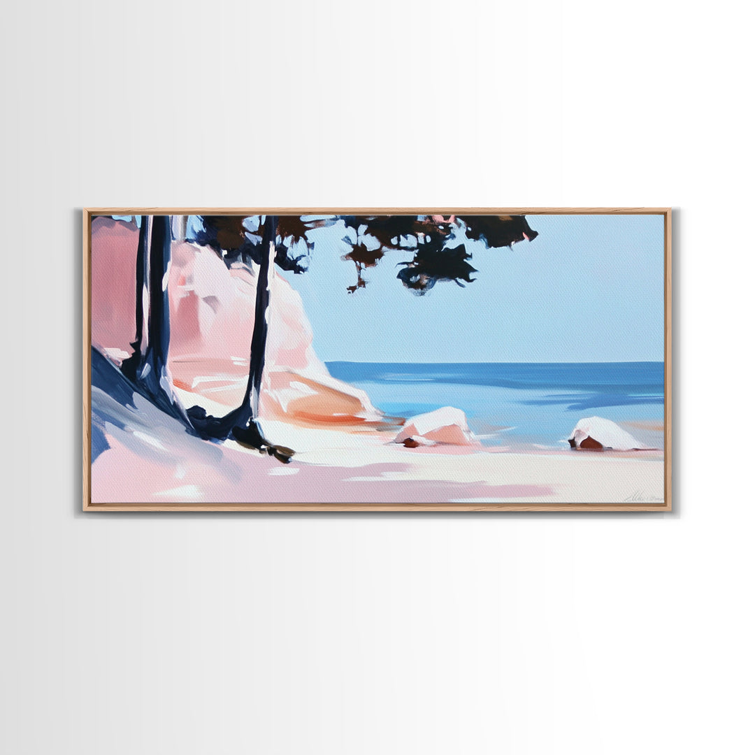 Beach Cliffs, Ocean Landscape, Coastal Art, Modern Wall Decor, Living Room Art, Framed Canvas Print, Minimalist Seascape, Pastel Artwork