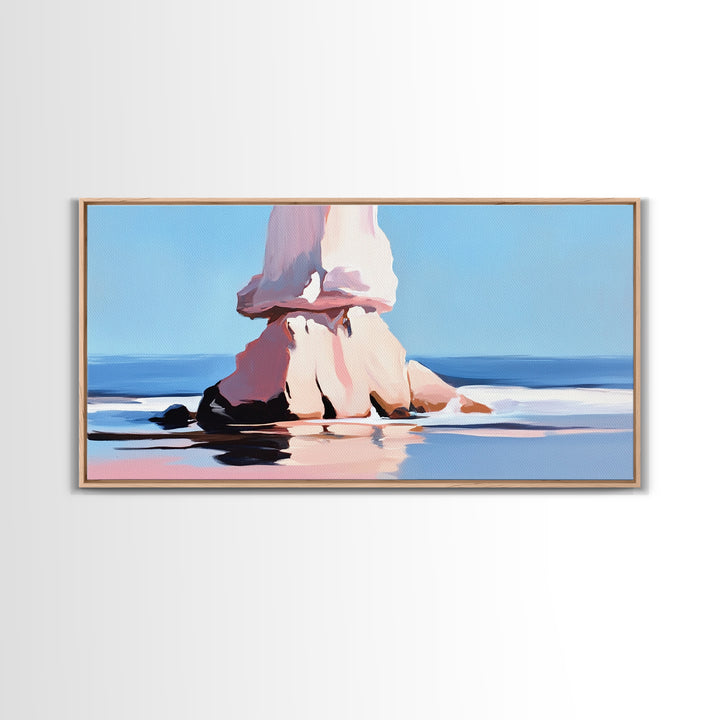 Ocean Rock, Coastal Seascape, Beach Art, Canvas Print, Nature Wall Decor, Blue and Pink Landscape, Living Room Painting, Modern Art