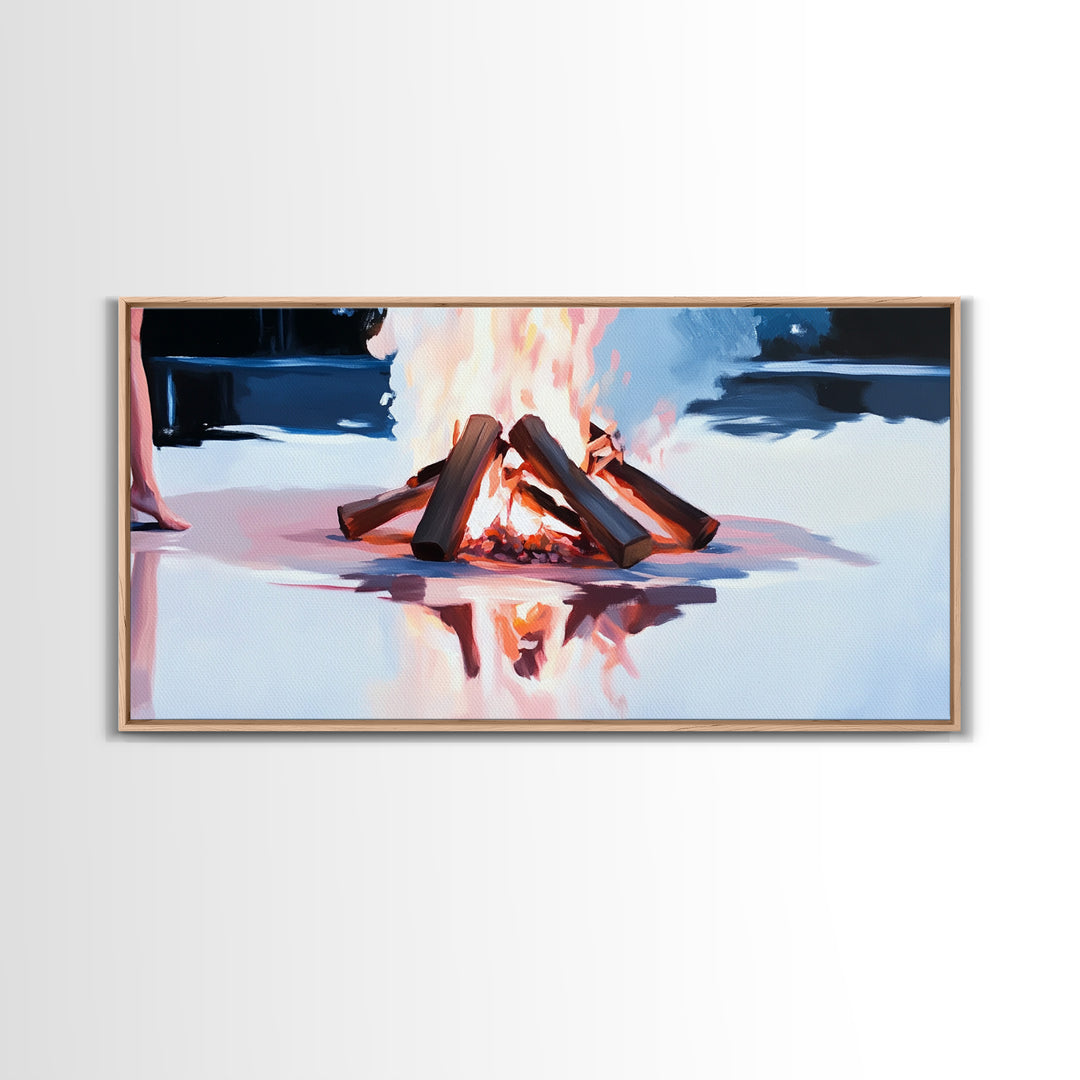 Cozy Bonfire, Fire Reflection, Campfire Glow, Autumn Night, Framed Canvas Print, Cabin Wall Art, Rustic Decor, Warm Atmosphere, Fall Art