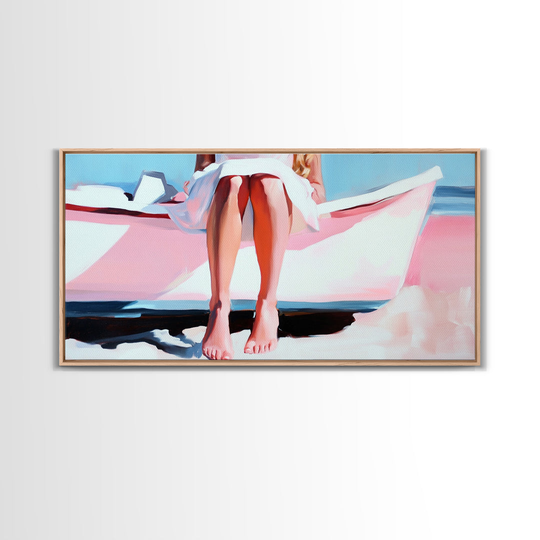 Barefoot on Boat, Coastal Lifestyle, Serene Beach Art, Nautical Aesthetic, Minimalist Wall Decor, Pastel Home Art, Canvas Print