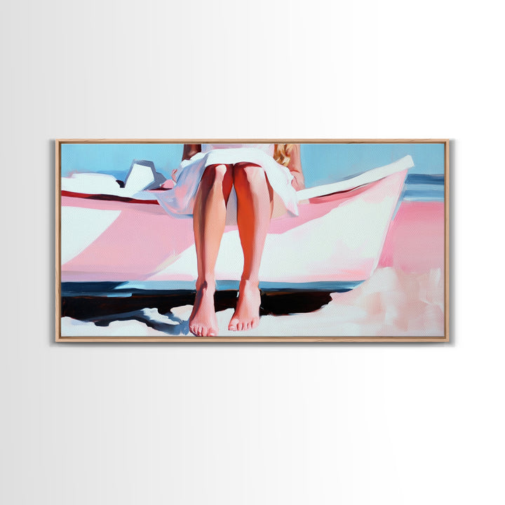 Barefoot on Boat, Coastal Lifestyle, Serene Beach Art, Nautical Aesthetic, Minimalist Wall Decor, Pastel Home Art, Canvas Print
