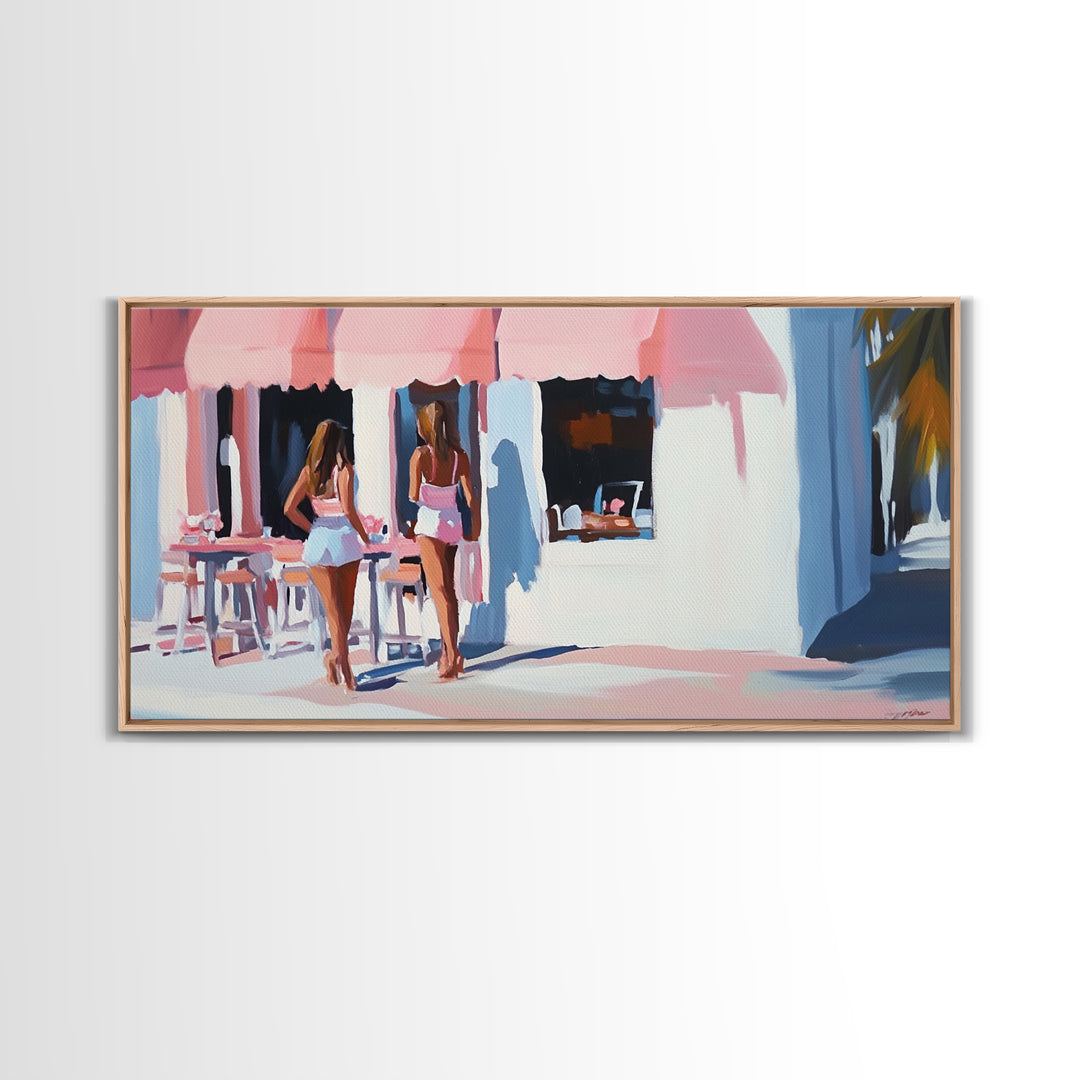 Café Scene, Pink Aesthetic, Coastal Lifestyle, Boho Summer Art, Chic Minimalist Decor, Home Wall Art, Living Room Art, Framed Canvas Print