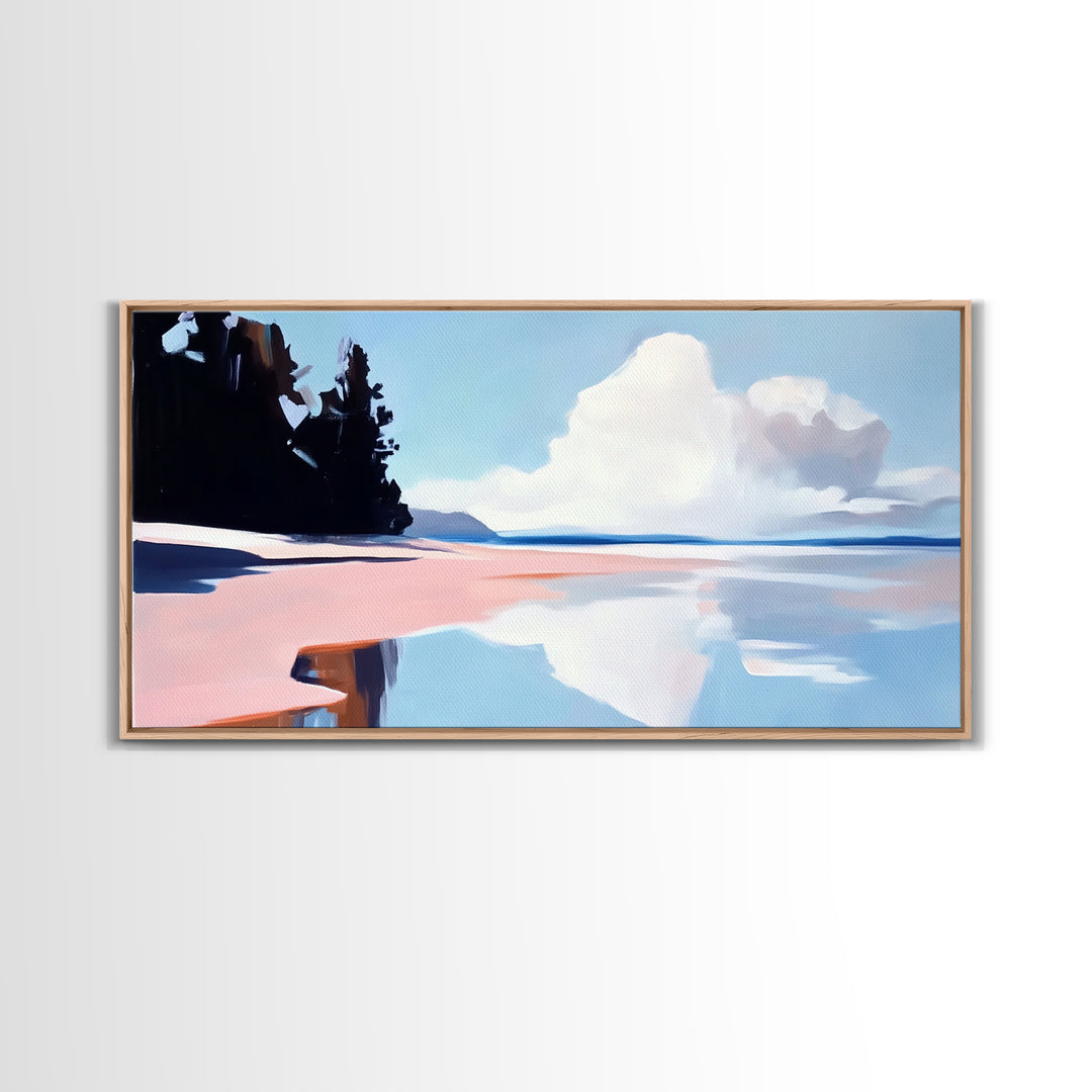 Cloudy Seascape Reflection, Tranquil Coastal Print, Minimalist Ocean Decor, Soft Pastel Landscape, Zen Home Art, Bedroom Framed Canvas Print