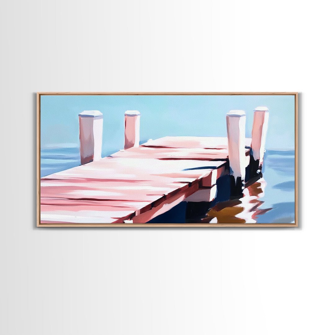 Dock on Water, Minimalist Seascape, Coastal Decor, Nautical Wall Art, Modern Beach Home, Summer Vibes, Blue Wall Art, Framed Canvas Print