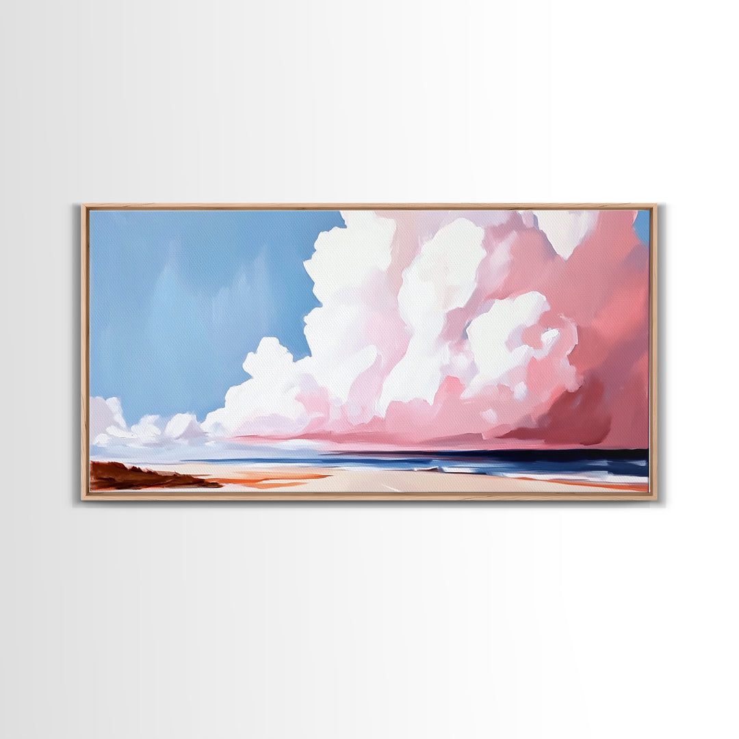 Cloudscape, Dreamy Sky, Coastal Horizon, Framed Canvas Print, Minimalist Art, Blue and Pink Decor, Bedroom Wall Art, Sky Lover Gift