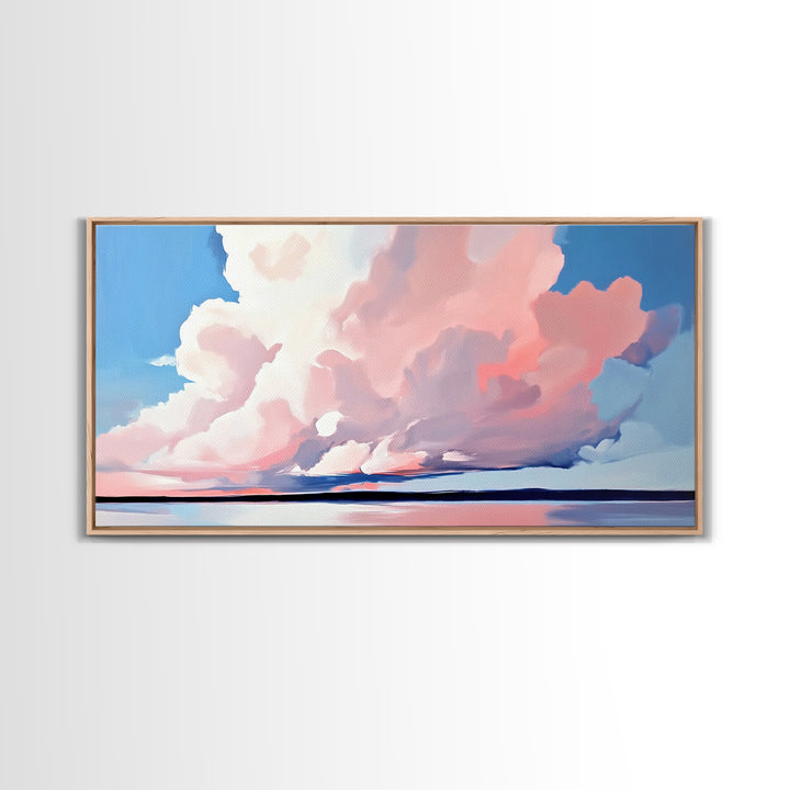 Sunset Glow, Cloud Reflections, Pastel Sky, Framed Canvas Print, Beach House Decor, Aesthetic Landscape, Contemporary Art, Serene Home Accent