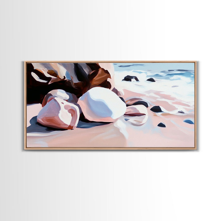 Coastal Rocks, Beach Waves, Ocean Wall Art, Framed Canvas Print, Nautical Decor, Summer Vibes, Relaxing Seaside Scene, Living Room Art