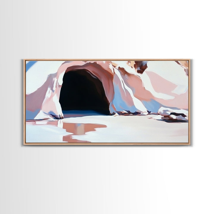 Cave Entrance, Surreal Landscape Art, Abstract Coastal Print, Pink Beige Tones, Nature Inspired, Boho Wall Decor, Framed Canvas Print