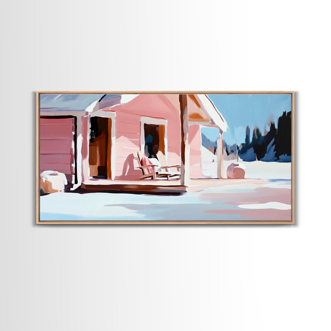 Pink Cabin, Winter Landscape Art, Cozy Home Decor, Framed Canvas Print, Rustic House Painting, Christmas Wall Art, Snowy Scene