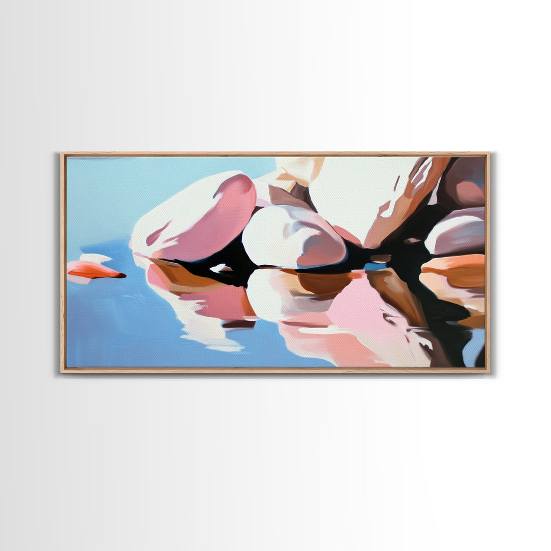 River Rocks, Reflections, Framed Canvas Print, Minimalist Nature Art, Abstract Water Scene, Earthy Wall Art, Modern Decor, Living Room