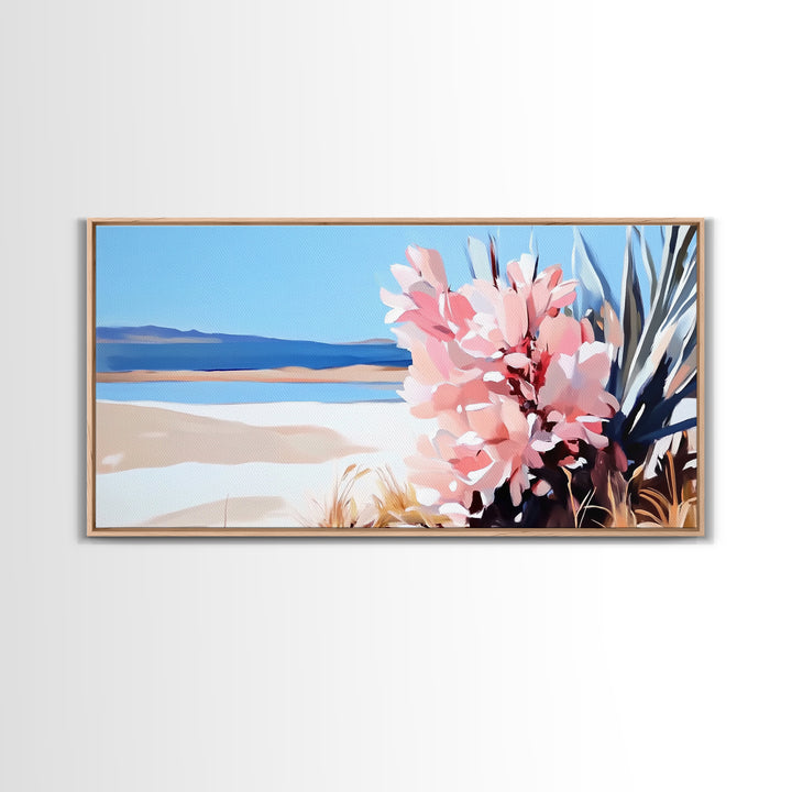 Desert Bloom, Southwest Landscape, Cactus and Flowers, Warm Toned Artwork, Boho Living Room Art, Pink and Blue Painting, Canvas Print