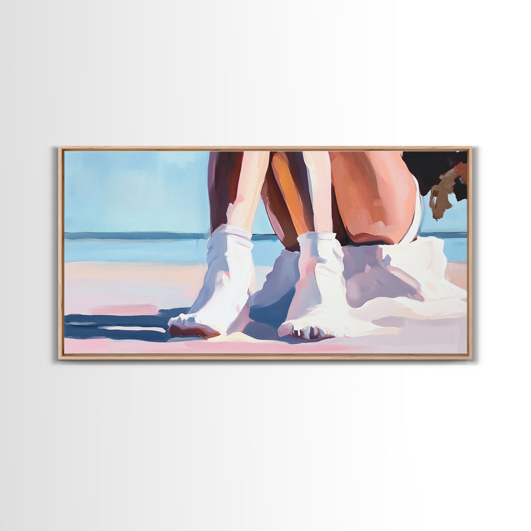 Beach Sitting, Relaxing Moment, Coastal Escape, Soft Pastels, Framed Canvas Print, Boho Art, Bedroom Wall Decor, Modern Minimalist Art