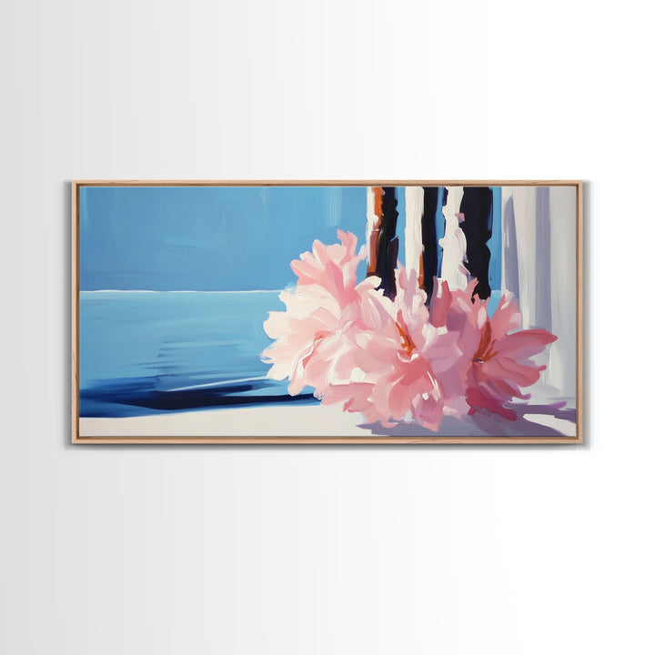 Ocean View, Floral Arrangement, Pastel, Canvas Print, Coastal Wall Art, Beach House Aesthetic, Modern Decor, Blue and Pink Theme