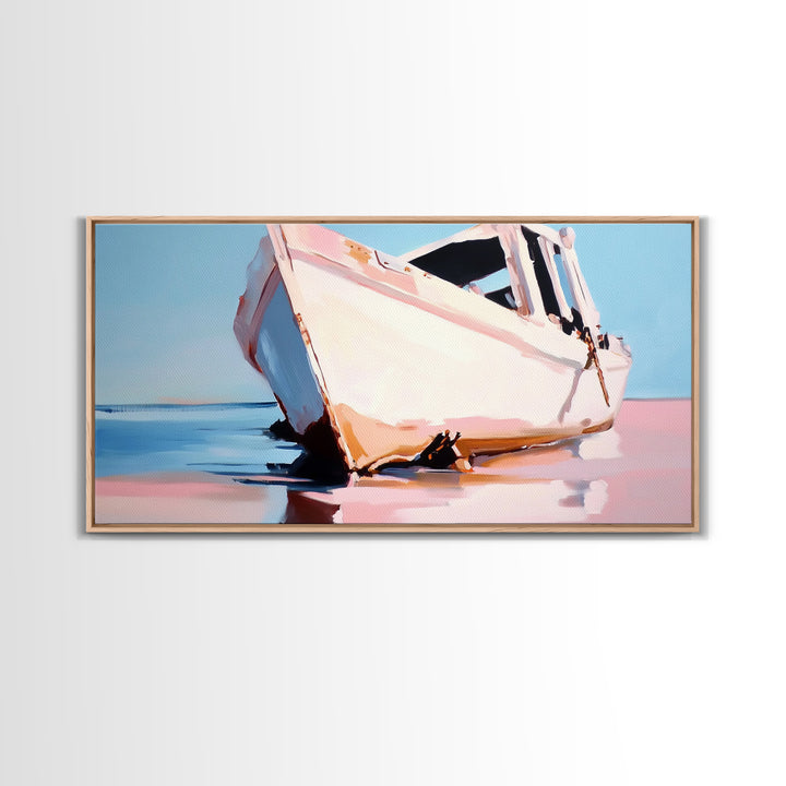 Beached Boat, Coastal Art, Nautical Decor, Canvas Print, Beach House Wall Art, Ocean Painting, Rustic Wall Decor, Living Room Art
