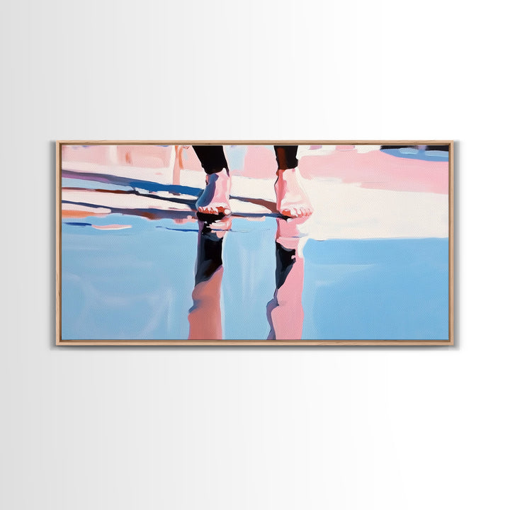Barefoot Reflection, Surreal Water Art, Dreamy Wall Decor, Modern Framed Canvas Print, Minimalist Blue Aesthetic Artwork