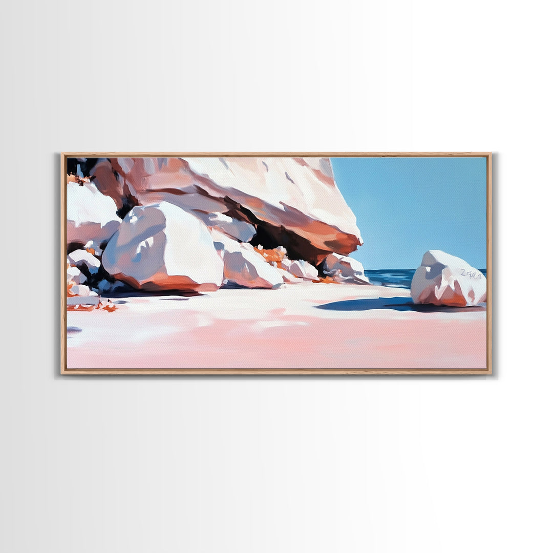 Rocky Beach Scene, Coastal Landscape, Modern Nature Art, Relaxing Seaside View, Framed Canvas Print, Ocean Wall Decor