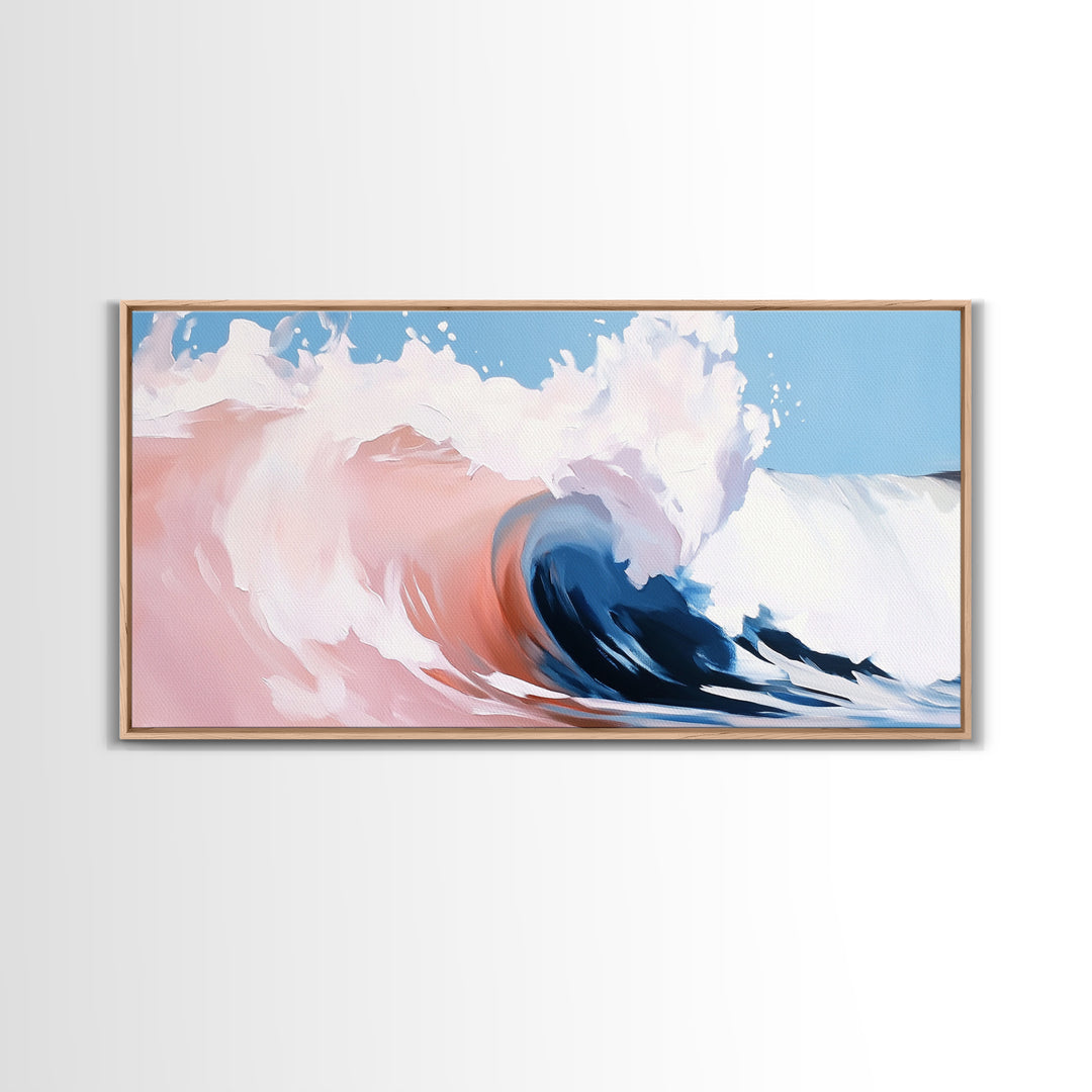 Ocean Wave, Abstract Beach Painting, Dynamic Wall Art, Coastal Decor, Surfer Aesthetic, Blue and White Framed Canvas Print