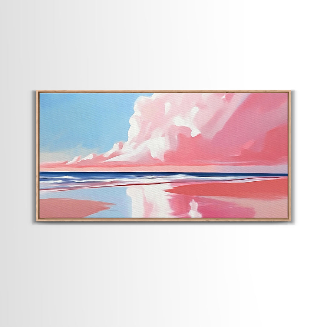 Pink Beach, Dreamy Ocean, Framed Canvas Print, Coastal Art, Minimalist Seascape, Modern Wall Decor, Soft Pastel Landscape