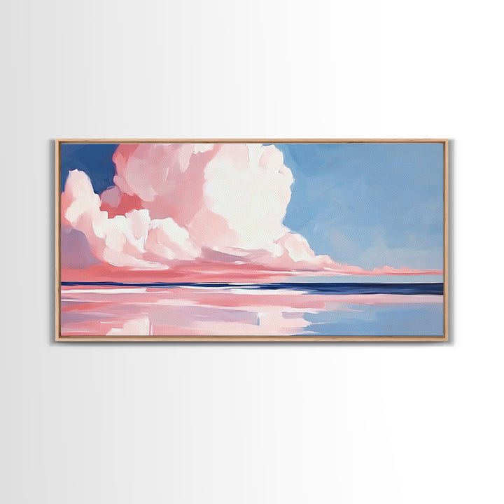 Cloudy Seascape, Pink Horizon, Framed Canvas Print, Coastal Art, Serene Wall Decor, Sunset Painting, Ocean Aesthetic