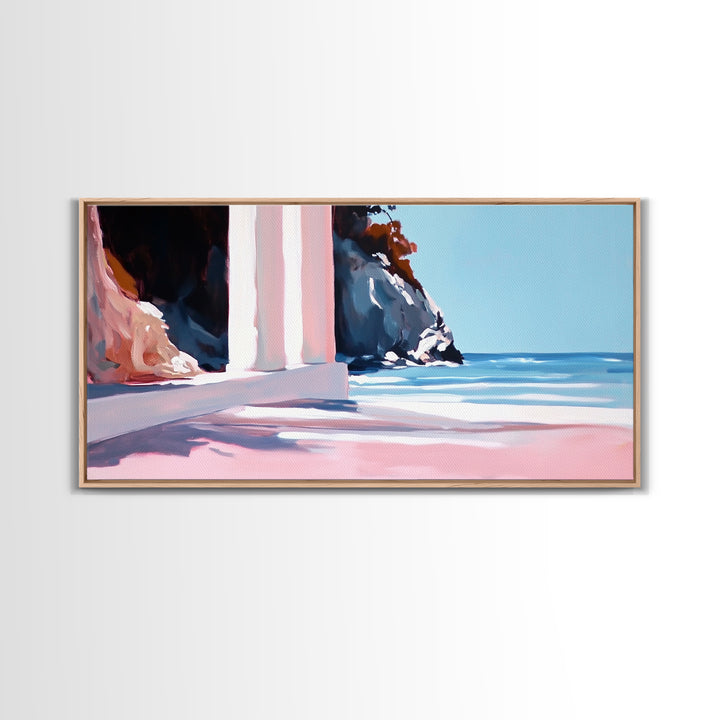 Coastal Retreat, Mediterranean Art, Framed Canvas Print, Beach House Decor, Minimalist Seascape, Pastel Ocean Painting, Modern Wall Art