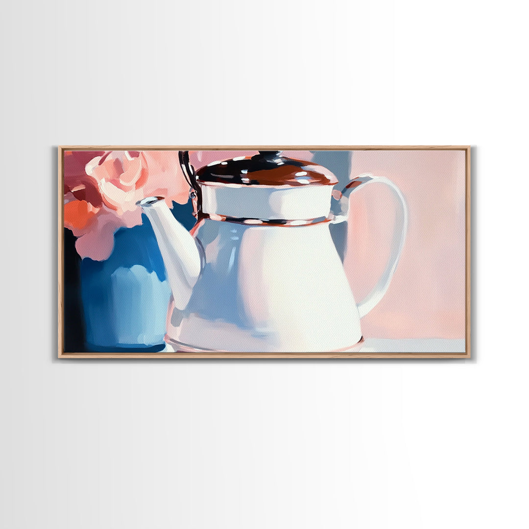 Teapot Charm, Vintage Still Life, Framed Canvas Print, Cottagecore Kitchen Decor, Shabby Chic Art, Pastel Home Aesthetic, Cozy Wall Art