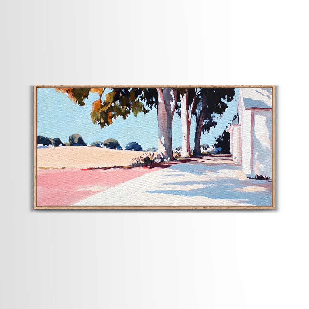 Country Road, Rural Landscape, Serene Nature, Golden Fields, Rustic Farmhouse, Countryside Charm, Warm Autumn Hues, Canvas Print