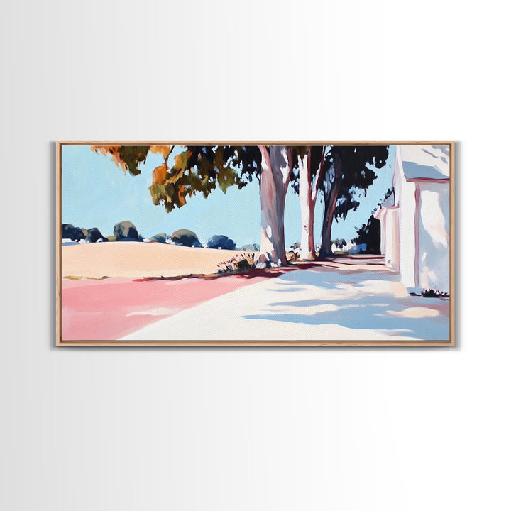 Country Road, Rural Landscape, Serene Nature, Golden Fields, Rustic Farmhouse, Countryside Charm, Warm Autumn Hues, Canvas Print