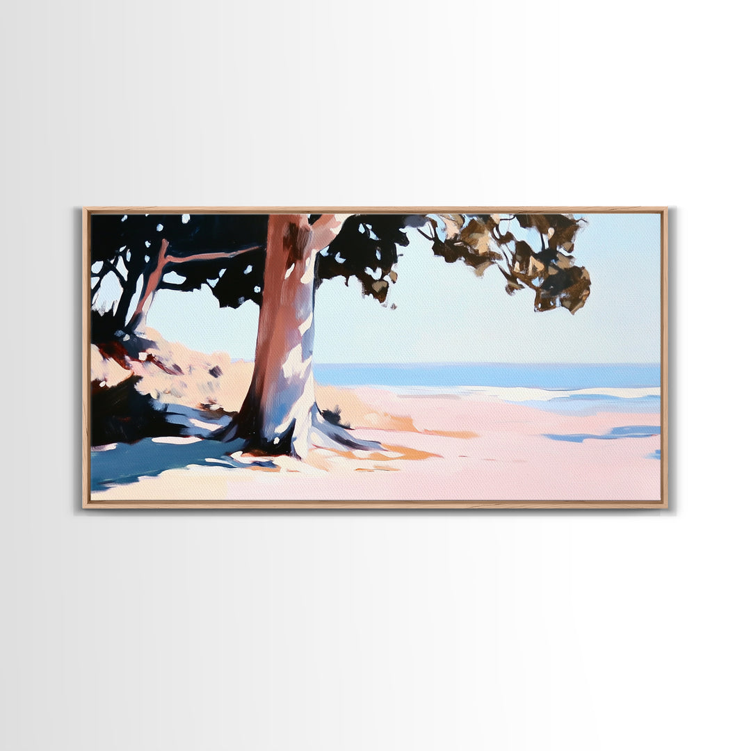 Coastal Tree, Beach Serenity, Ocean Landscape, Minimalist Aesthetic, Tranquil Seascape, Boho Decor, Nature Art, Framed Canvas Print