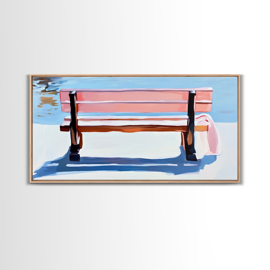 Park Bench, Peaceful Moment, Minimalist Art, Living Room Wall Art, Pastel Landscape, Framed Canvas Print, Impressionist Style, Soft Blue Pink