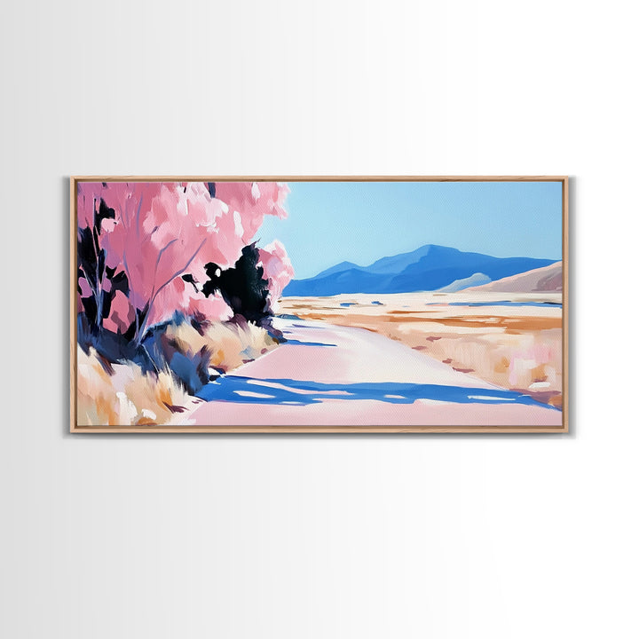 Blossoms, Mountain Path, Scenic Landscape Art, Nature Painting, Boho Decor, Framed Canvas Print, Pastel Pink Trees, Serene Wall Art